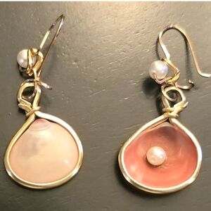 Handmade wire-wrapped earrings with natural conch shells & freshwater pearls